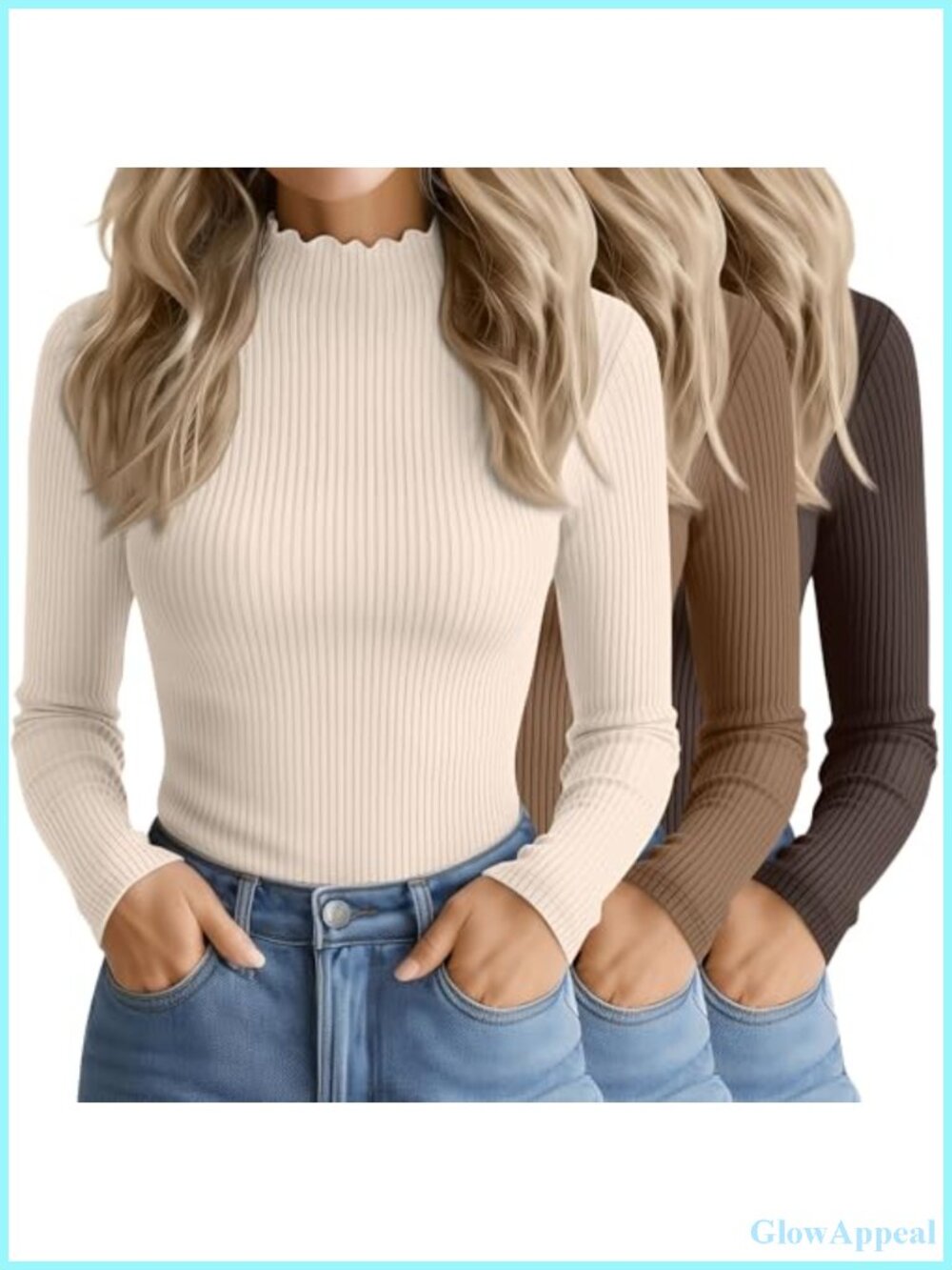 Women's Cotton Mockneck Ribbed Long Sleeve Tops 3 Pack